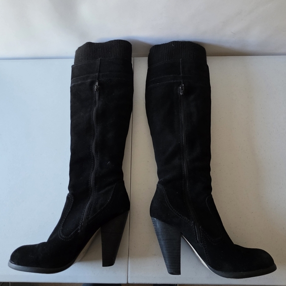 Seychelles Black Suede Knee-High Boots Size 8.5 Stacked Heel Side Zip Knit Cuff - Picture 5 of 14